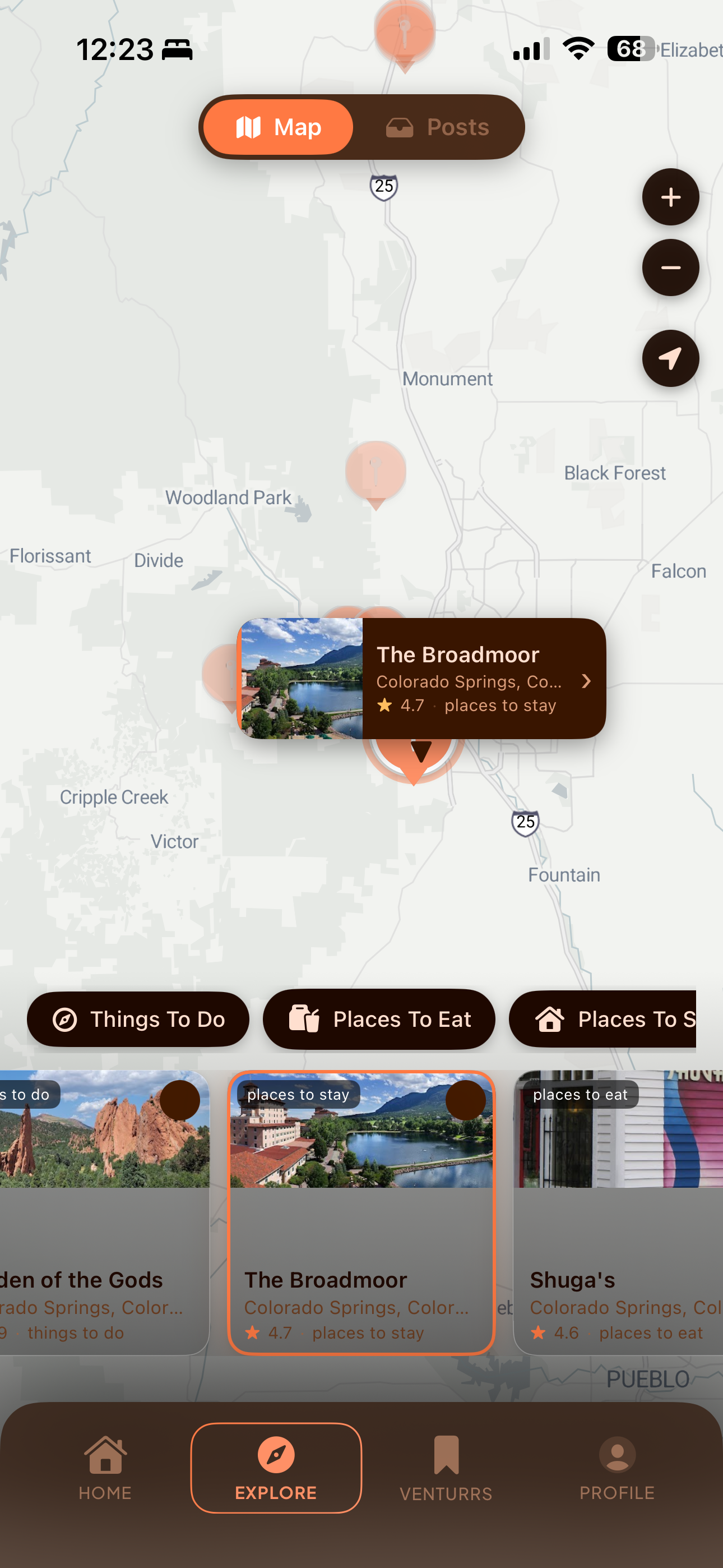 Explore map with pins and place cards